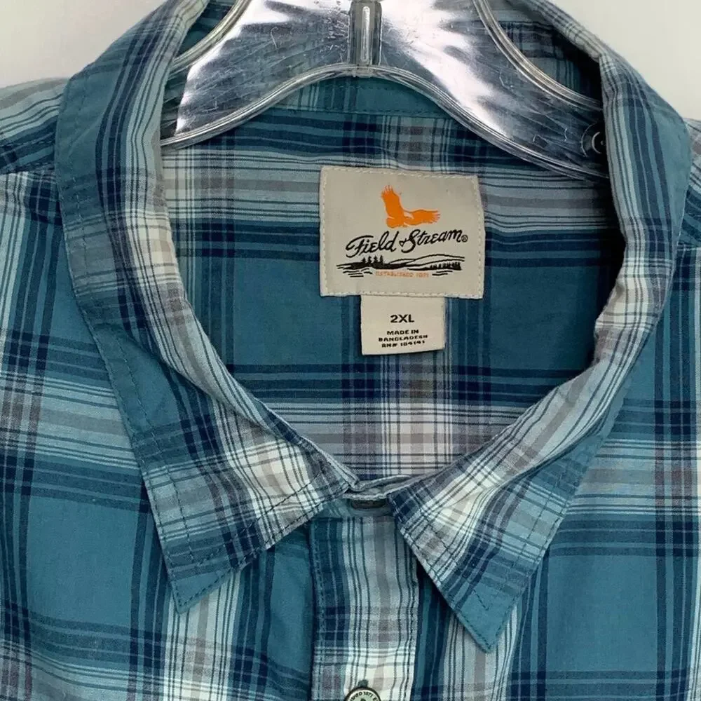 Field & Stream Mens 2XL Blue Plaid Fishing Snap Sides Shirt Button Up Short Slv - Picture 3 of 11